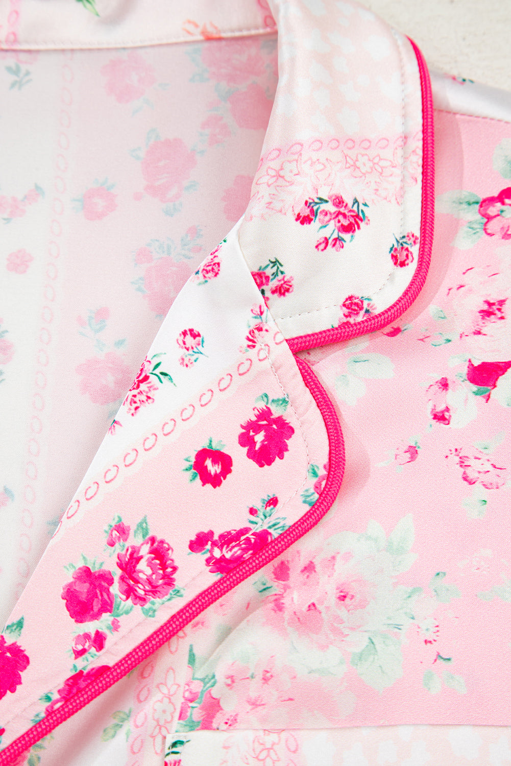 Pink Mixed Floral Print Contrast Piping Trim Satin Tie 2pcs Pajama Set