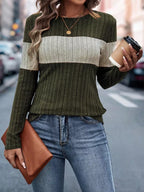 Color Block Ribbed Knit Long Sleeve T-Shirt