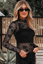 Black Sheer Floral Lace Mesh Mock Neck Long Sleeve Top