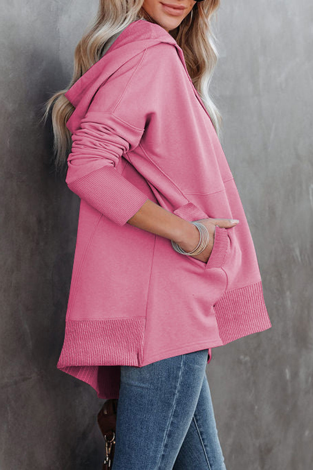 Pink Batwing Sleeve Pocketed Henley Hoodie