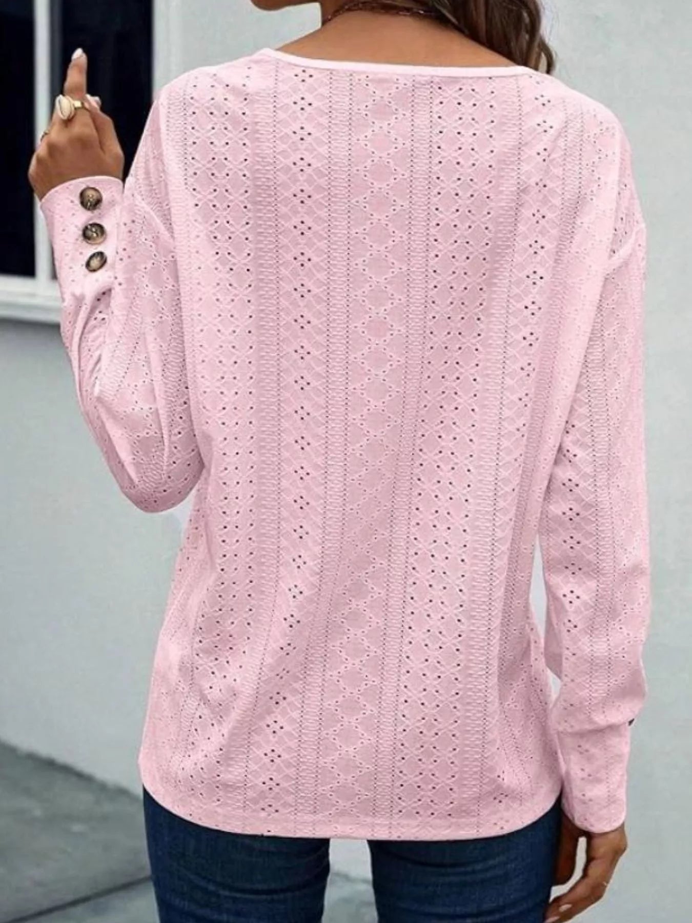 Eyelet V-Neck Long Sleeve T-Shirt