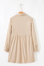 Oatmeal Corduroy Half Button Collared Long Sleeve Mini Dress