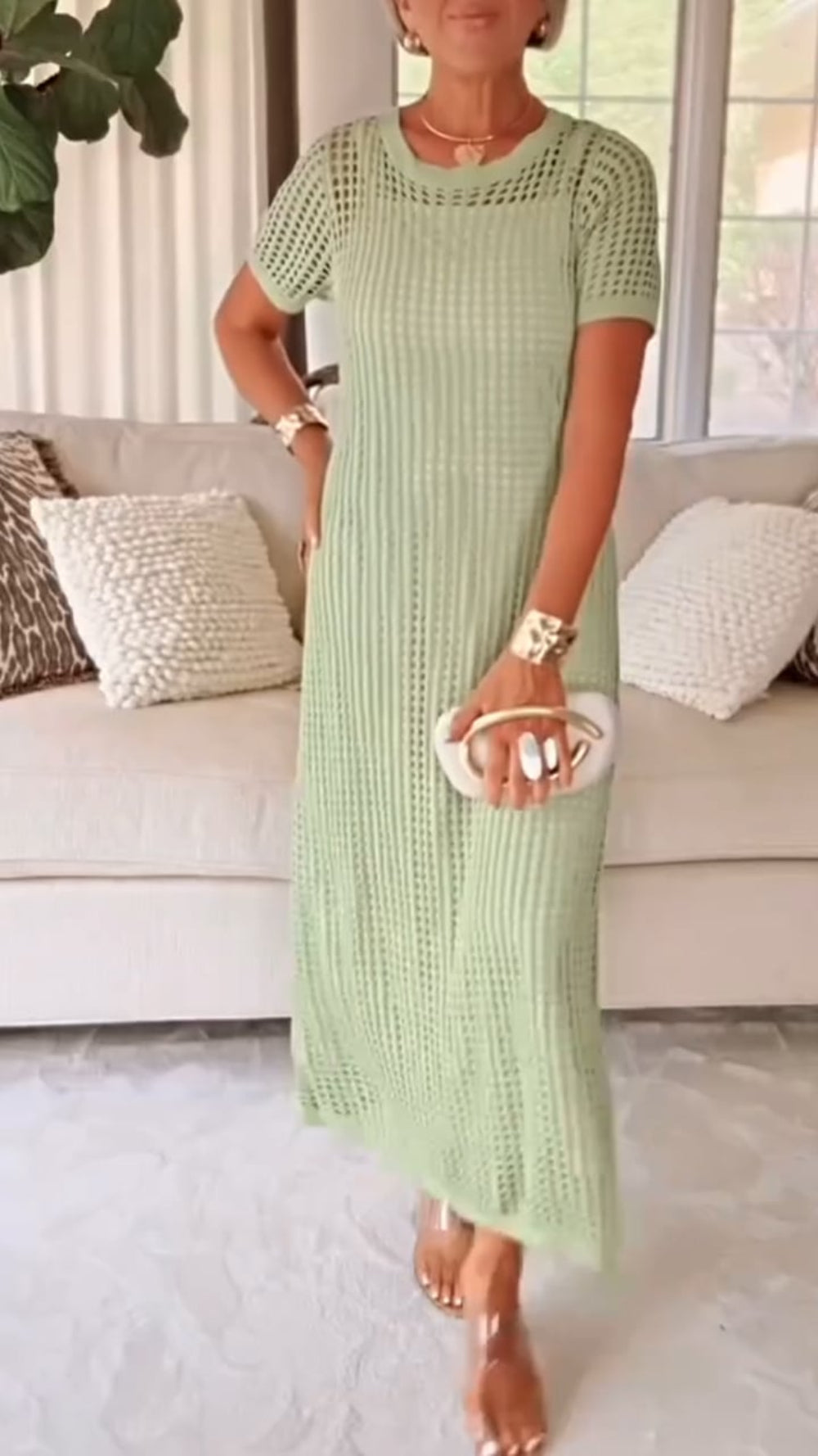Elegant Boat Neck Hollow Airy Two-piece Dress - Breathable Polyester Outfit