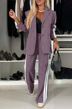 Chic Contrast Lapel Collar Buttoned Top and Pocketed Pants Two-Piece Set - 100% Polyester