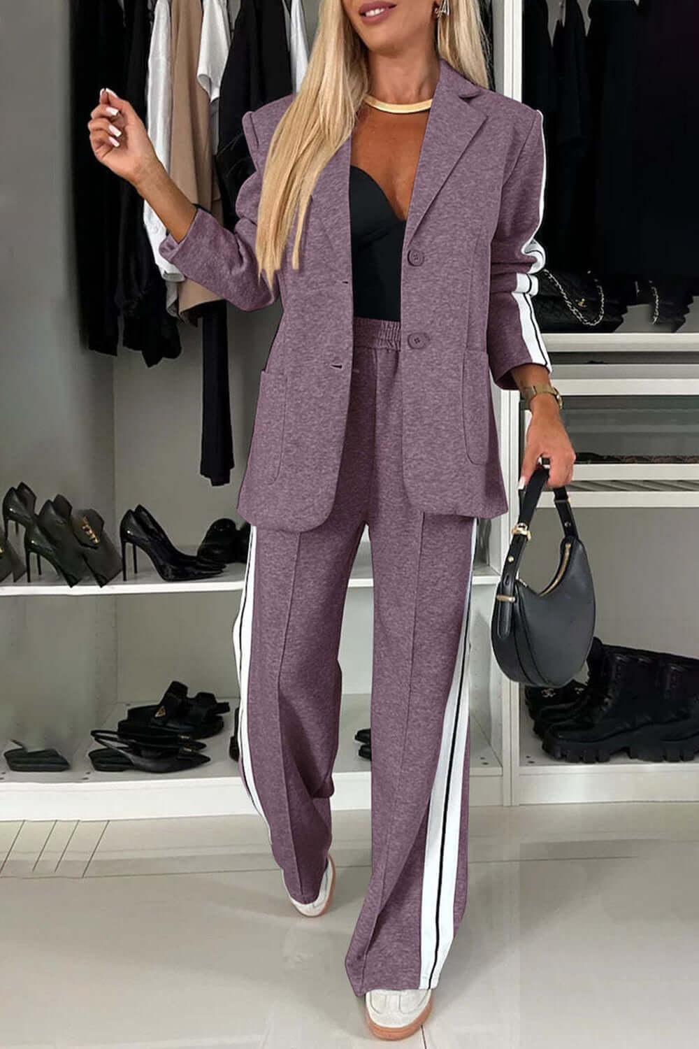 Chic Contrast Lapel Collar Buttoned Top and Pocketed Pants Two-Piece Set - 100% Polyester