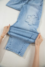 Beau Blue Flower Patched Light Wash Cropped High Waist Jeans