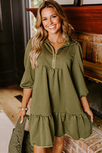 Jungle Green Quarter Zip Collar Bracelet Sleeve Textured Mini Dress