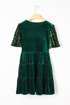 Evergreen Sequin Puff Sleeve High Waist Tiered Velvet Mini Dress