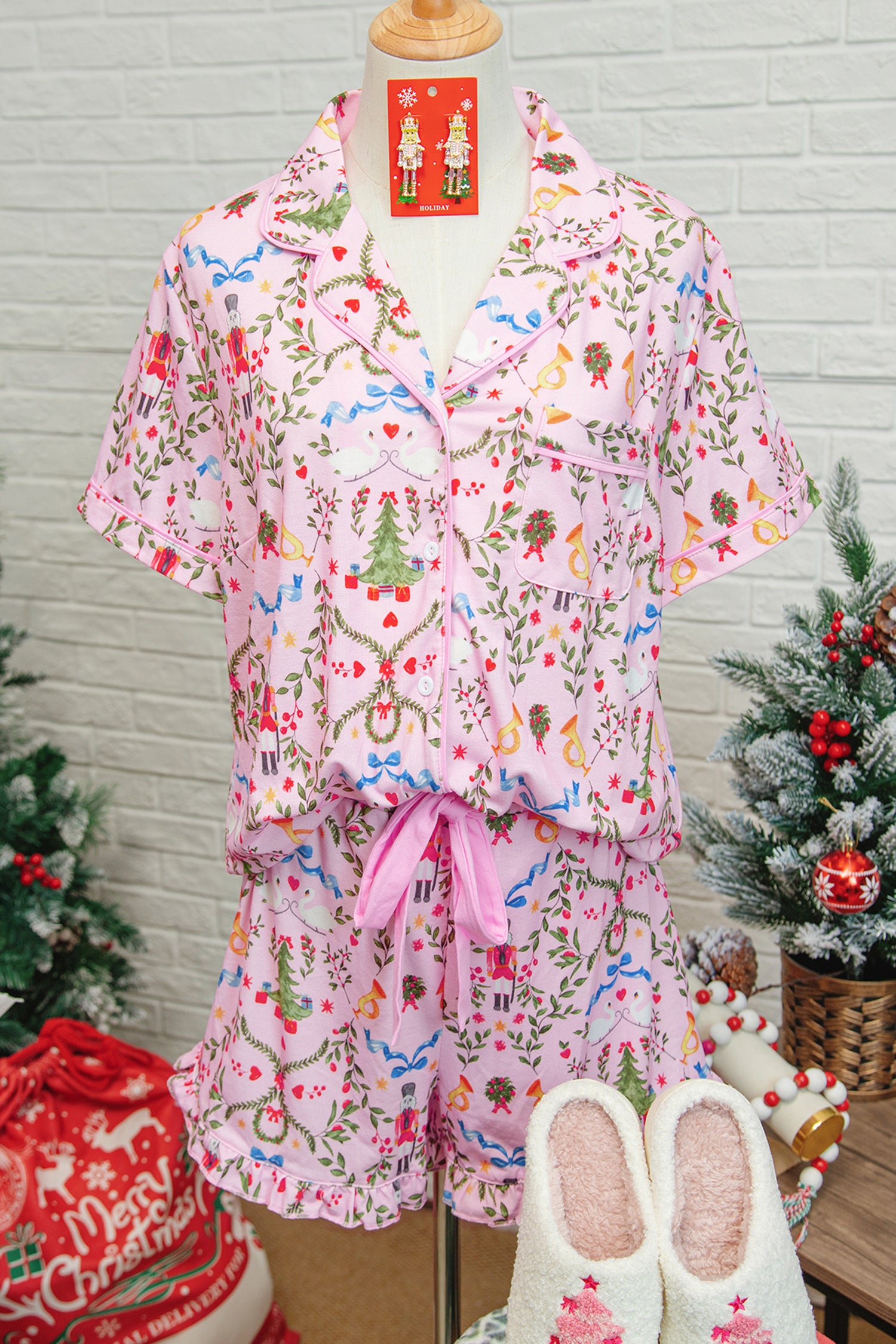 Festive Pink Nutcracker Doll Christmas Pajama Set - 2 Piece Ribbon Tie Waist Short Sleepwear for Women