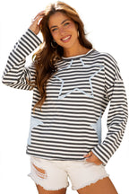 Gray Stripe Starry Patch Drop Shoulder Raw Edge Casual Knit Top
