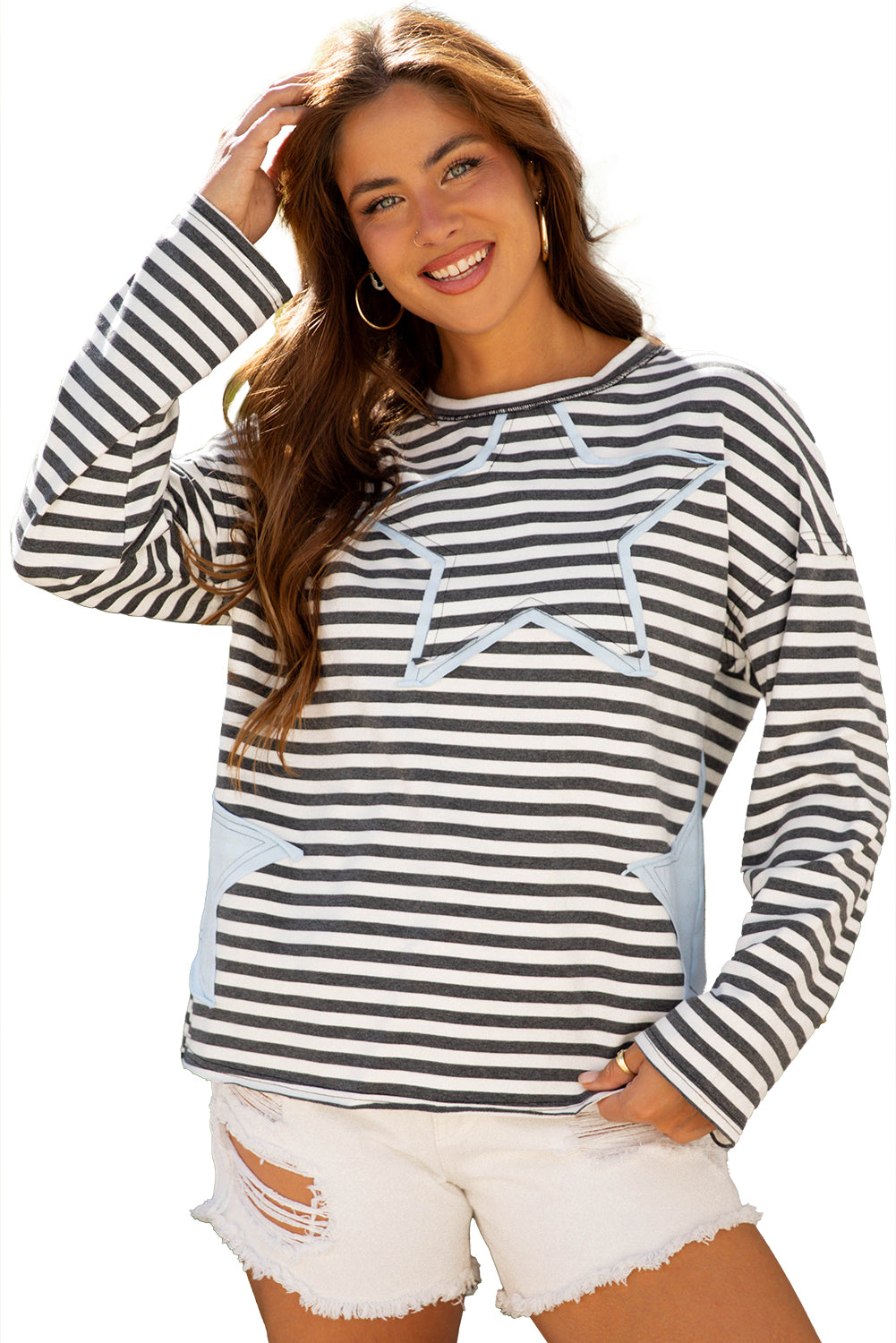 Gray Stripe Starry Patch Drop Shoulder Raw Edge Casual Knit Top