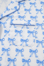 Sky Blue Bow Print Long Sleeve Shirt & Pants Pajama Set - Soft & Cozy Sleepwear for Women