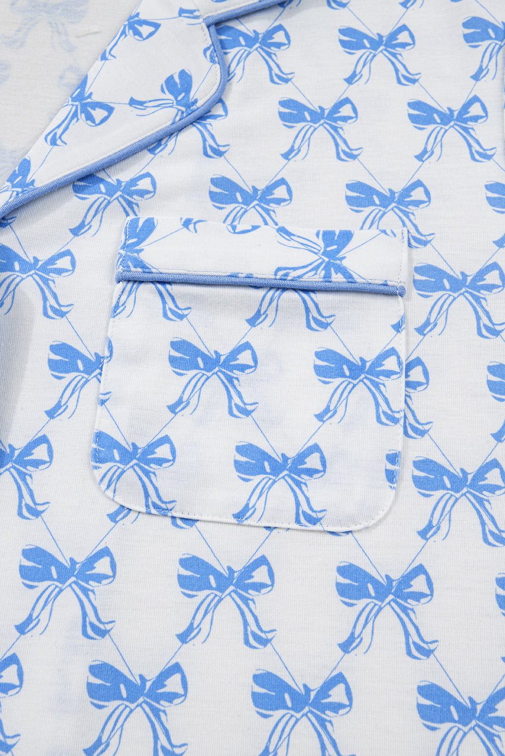 Sky Blue Bow Print Long Sleeve Shirt & Pants Pajama Set - Soft & Cozy Sleepwear for Women