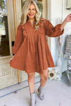 Cinnamon Bracelet Sleeve Split Neck Scallop Detail Pleated Corduroy Mini Dress