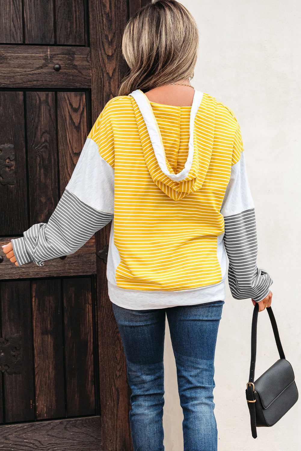 Yellow Stripe Color Block Drawstring V Neck Loose Fit Hooded Top