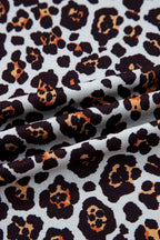 Brown Leopard Floral Print Ribbed Puff Sleeve Patchwork Loose Pullover