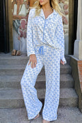 Sky Blue Bow Print Long Sleeve Shirt & Pants Pajama Set - Soft & Cozy Sleepwear for Women