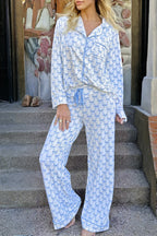 Sky Blue Bow Print Long Sleeve Shirt & Pants Pajama Set - Soft & Cozy Sleepwear for Women