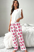Women's Pink Ruffled Tank Top & Heart Print Pants Lounge Set - Comfortable & Stylish