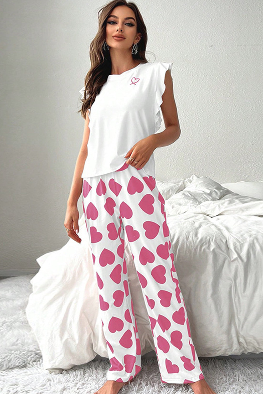 Women's Pink Ruffled Tank Top & Heart Print Pants Lounge Set - Comfortable & Stylish