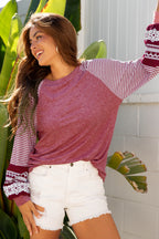 Mineral Red Contrast Print Striped Raglan Long Sleeve Loose Top