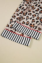 Khaki Leopard Print Colorblock Striped Edge Shirt and Pants Pajama Set