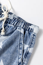 Light Blue Star Print Light Wash Drawstring Elastic Waistband Wide Leg Jeans