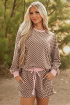 Brown Checkerboard Long Sleeve Pullover and Shorts Set