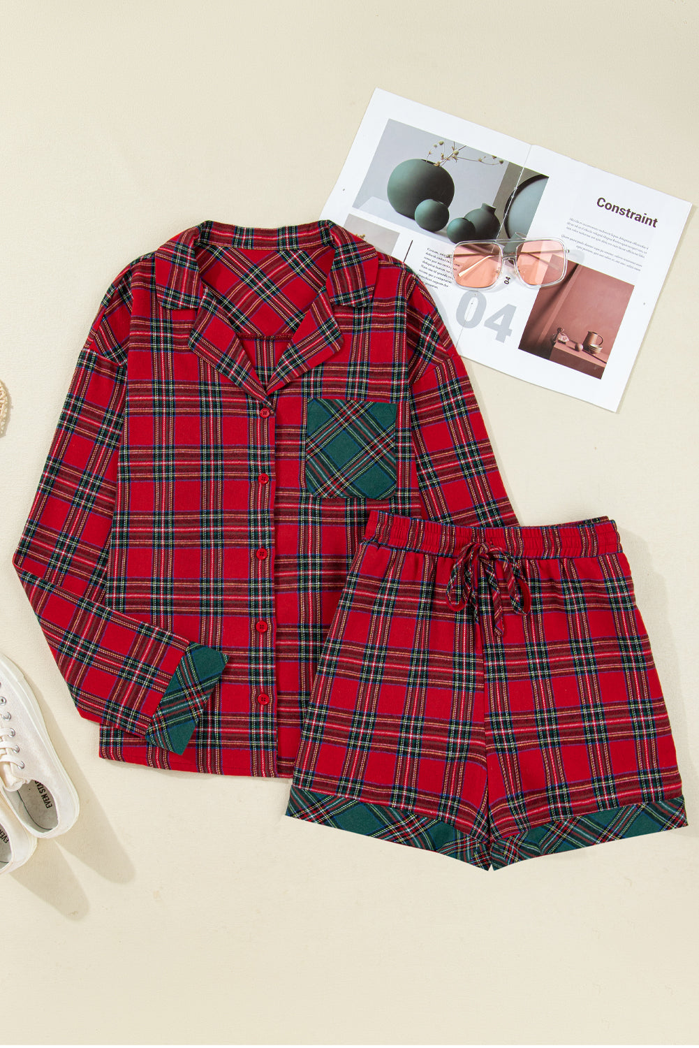 Dearlovers Women's Red Plaid Contrast Patched Christmas Holiday Long Sleeve Shirt and Short 2-Piece Pajama Set