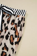 Khaki Leopard Print Colorblock Striped Edge Shirt and Pants Pajama Set