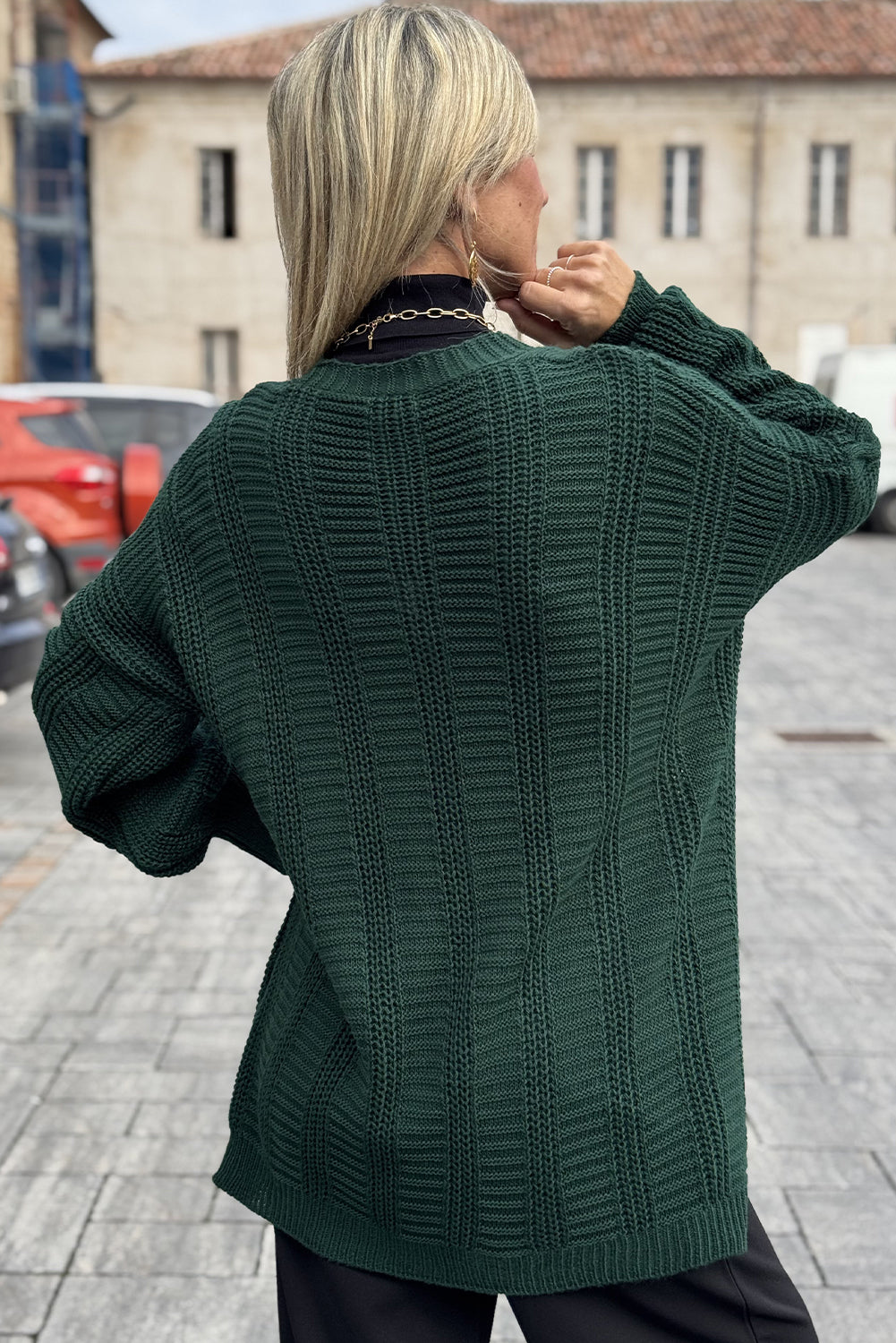 Evergreen Cable Knit Button V Neck Oversize Sweater Cardigan