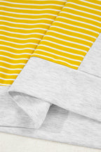 Yellow Stripe Color Block Drawstring V Neck Loose Fit Hooded Top