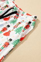 Cozy White Printed Christmas Pattern Button-Up Sleepwear Set - Short Sleeve Top & Loose Pants