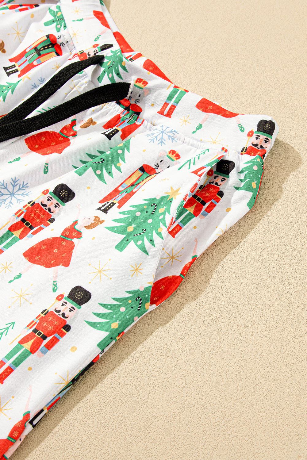 Cozy White Printed Christmas Pattern Button-Up Sleepwear Set - Short Sleeve Top & Loose Pants