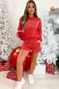 Racing Red "MERRY" Graphic Long Sleeve Top and Shorts Set with Corded Detailing - Casual & Festive Loungewear