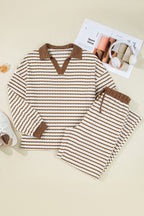 Khaki Stripe Collared Pullover Top and Drawstring Pant Set