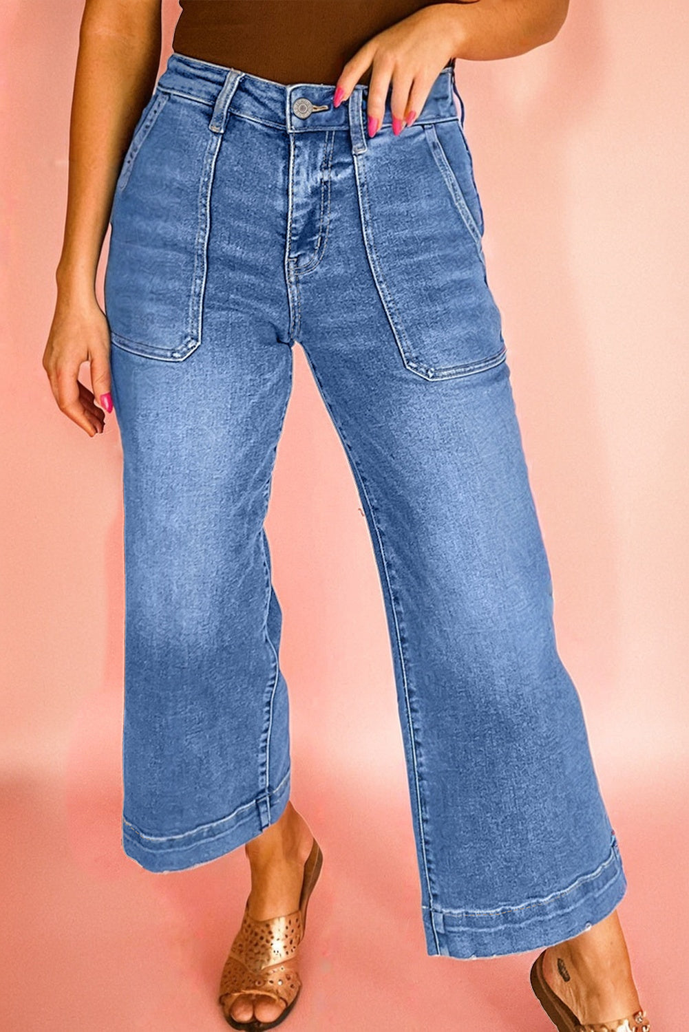 Sky Blue Cropped High Rise Wide Leg Jeans