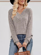 Ribbed Knit V-Neck Long Sleeve T-Shirt