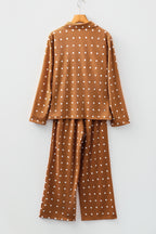 Brown Polka Dot Print Long Sleeve Shirt and Pant 2-Piece Pajama Set for Women - Comfortable Sleepwear