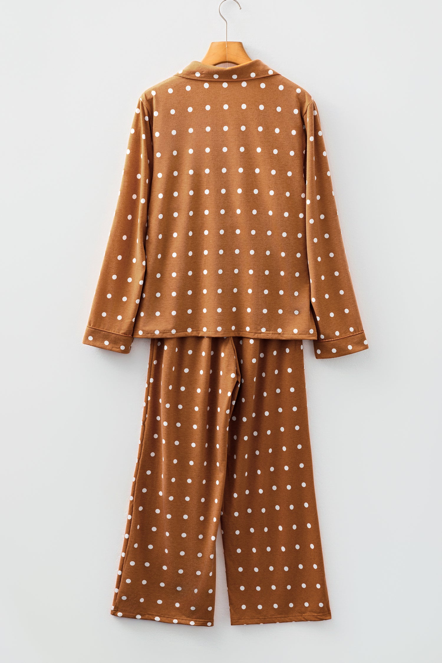 Brown Polka Dot Print Long Sleeve Shirt and Pant 2-Piece Pajama Set for Women - Comfortable Sleepwear