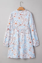 Brown Floral Print Tie Neck 3/4 Sleeve Mini Dress