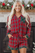 Dearlovers Women's Red Plaid Contrast Patched Christmas Holiday Long Sleeve Shirt and Short 2-Piece Pajama Set
