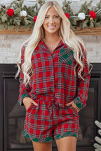 Dearlovers Women's Red Plaid Contrast Patched Christmas Holiday Long Sleeve Shirt and Short 2-Piece Pajama Set
