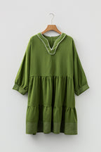 Jungle Green Contrast Stitched V Neck 3/4 Sleeve Tiered Mini Dress