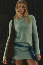 Smoke Green Raw Edge Trim Boat Neck Sweater Drawstring Side Mini Skirt 2pcs Outfit