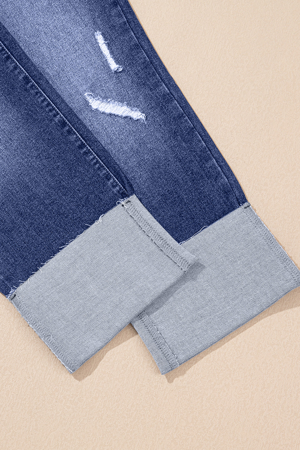 Real Teal Folded Cuffs Distressed Straight High Waist Jeans