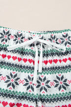 Fiery Red Snowflake Print Long Sleeve Wide Leg Lounge Set for Women - Festive Holiday Sleepwear