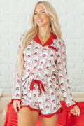Festive White Santa & Stripes Ruffle Pajama Set for Cozy Holiday Nights