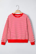 Red Stripe Exposed Seam Drop Shoulder Casual Pullover Top