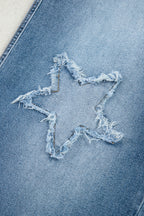 Stone Blue Star Patchwork Cropped Wide Leg High Waist Jeans